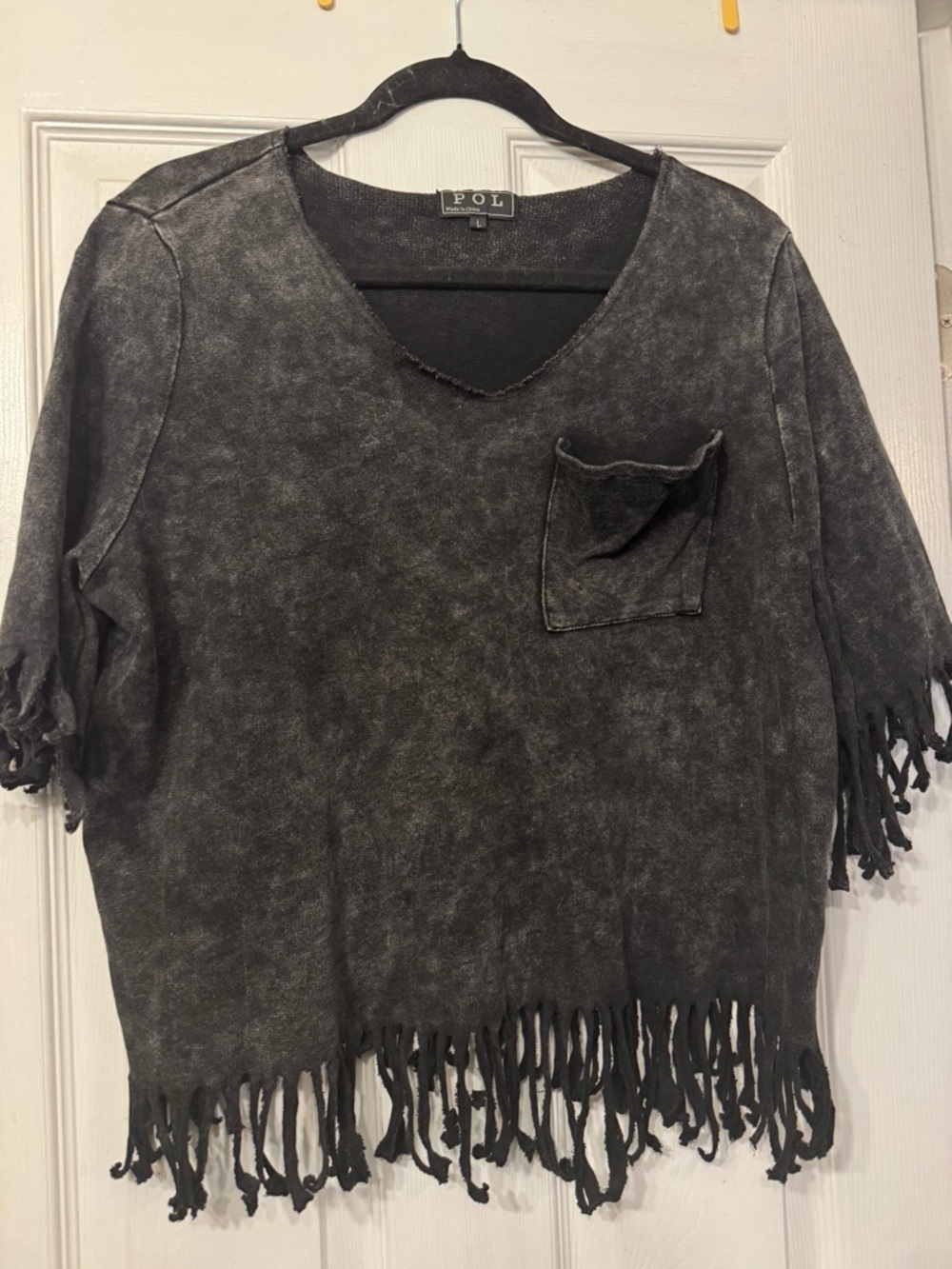 POL Washed Charcoal Fringe V-Neck Boxy Tee 100% cotton